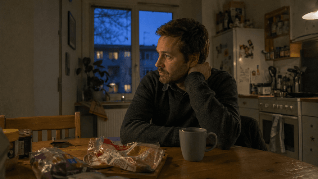 Mann sitzt abends in der Küche und überlegt, was man in seiner Freizeit machen kann