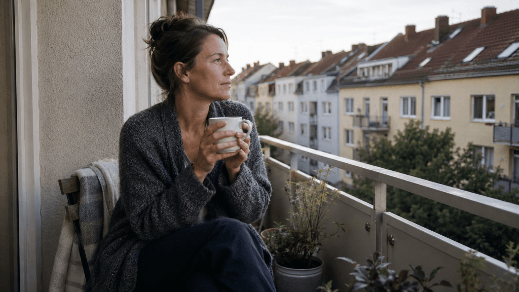 Frau nimmt eine Auszeit vom Alltag auf dem Balkon am Morgen