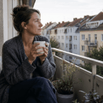 Frau nimmt eine Auszeit vom Alltag auf dem Balkon am Morgen