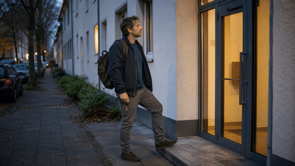 Mann steht vor der Haustür und nimmt sich einen Moment Ruhe vor dem Alltag zu Hause.