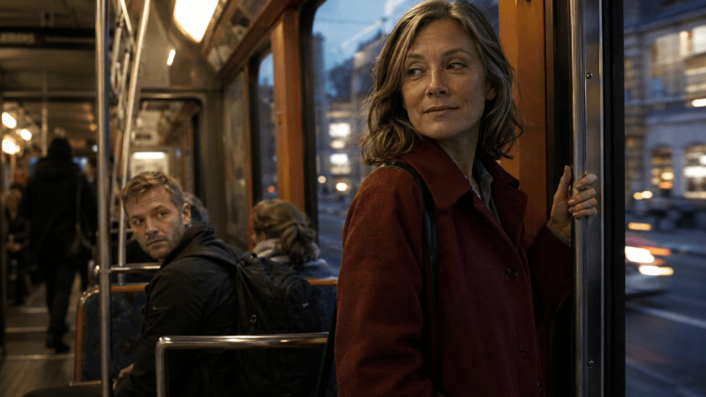 Blickkontakt ohne Bedeutung in der Straßenbahn, während er schaut, aber nicht mit ihr redet