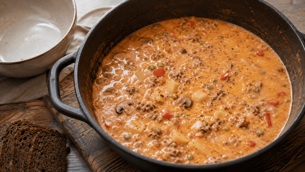 Cremige Apfelsuppe nach dem Durchziehen mit Brot und einer Schale daneben