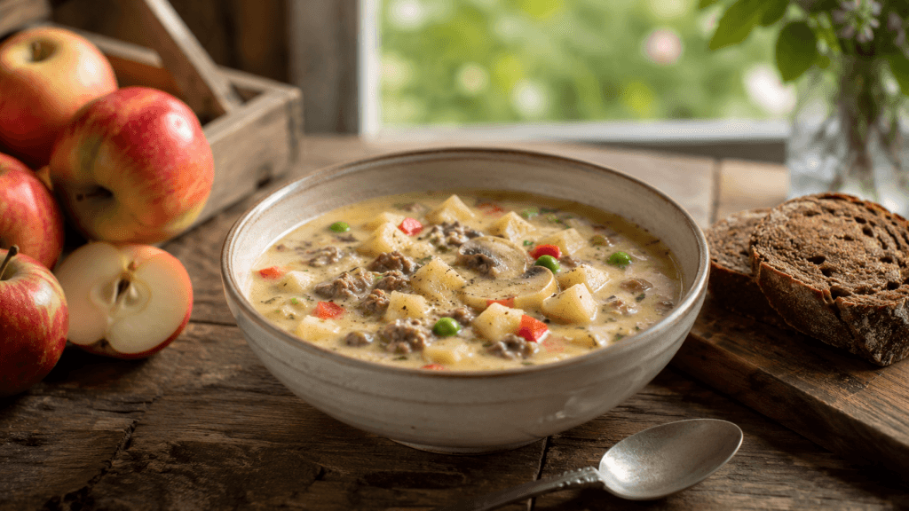 Borsteler Apfelsuppe Originalrezept aus dem Alten Land mit Äpfeln, Hackfleisch, Gemüse und Bauernbrot