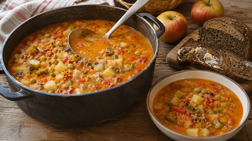 Großer Topf Borsteler Apfelsuppe Originalrezept mit Äpfeln, Hackfleisch, Gurken, Gemüse und Brot