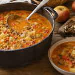 Großer Topf Borsteler Apfelsuppe Originalrezept mit Äpfeln, Hackfleisch, Gurken, Gemüse und Brot
