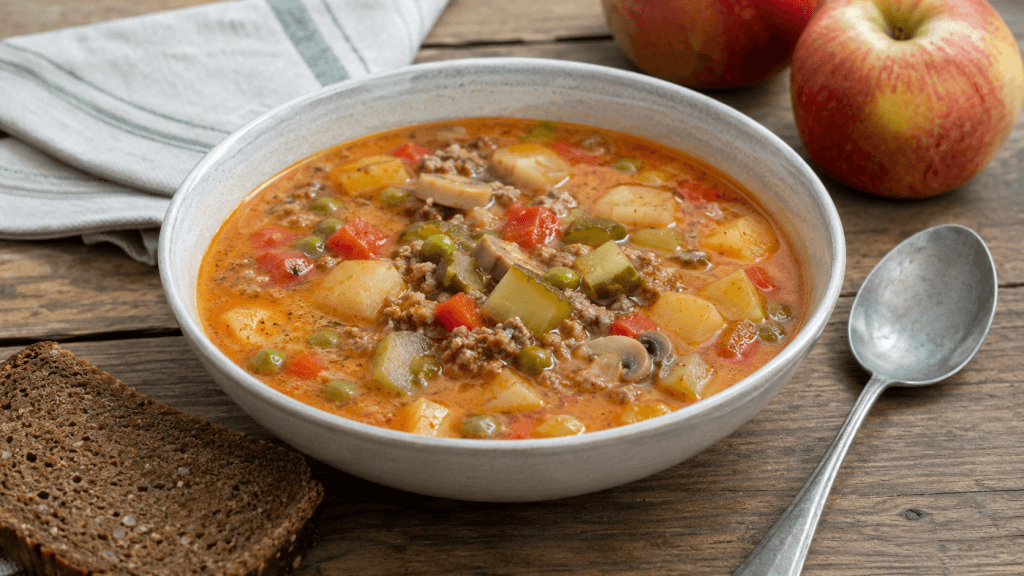 orsteler Apfelsuppe Originalrezept mit Äpfeln, Hackfleisch, Gemüse und dunklem Bauernbrot