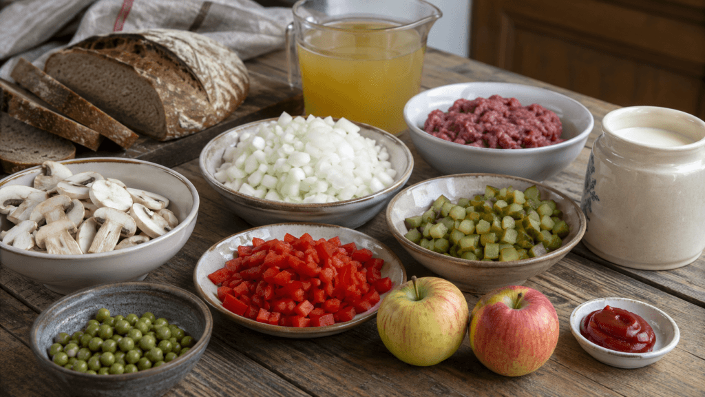 Zutaten für Borsteler Apfelsuppe Originalrezept mit Äpfeln, Hackfleisch, Gurken, Sahne und Bauernbrot