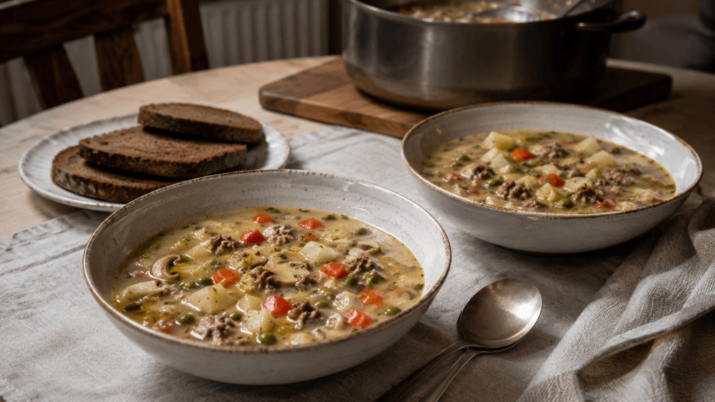 wei Schalen cremige Borsteler Apfelsuppe mit Brot und Suppentopf auf dem Esstisch