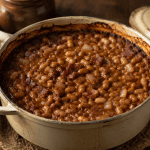 Boston-style Baked Beans mit dunkler Sauce, Bohnen, Zwiebeln und Speck im schweren Ofentopf