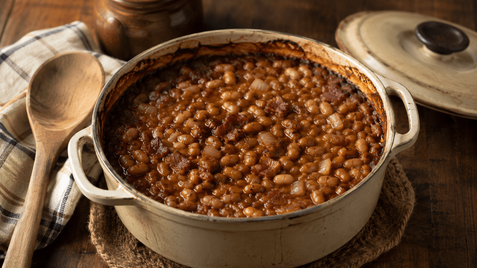 Boston-style Baked Beans mit dunkler Sauce, Bohnen, Zwiebeln und Speck im schweren Ofentopf
