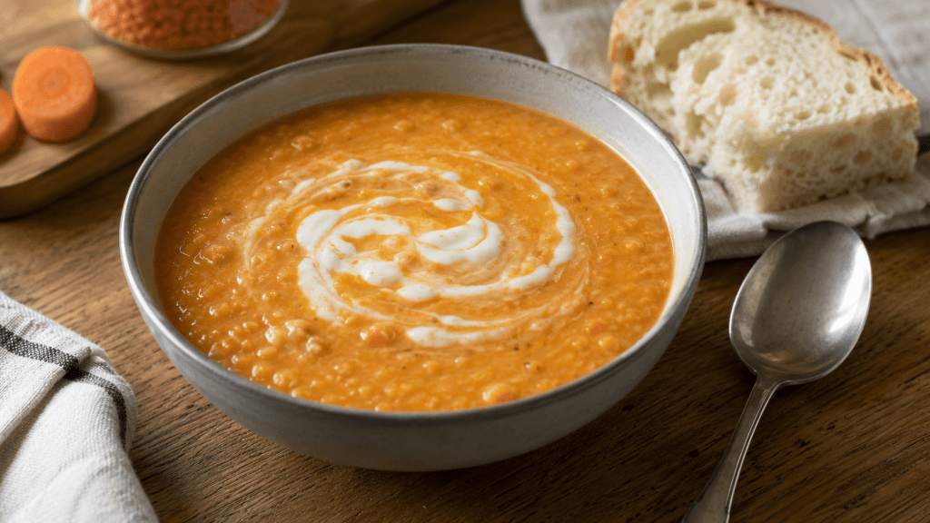 Cremige Rote-Linsen-Suppe mit Joghurt und weichem Brot