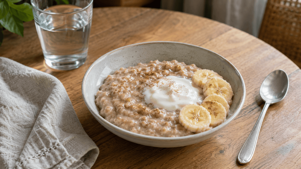 Cremiger Bananen-Hafer-Porridge mit Zimt und weichen Bananenscheiben