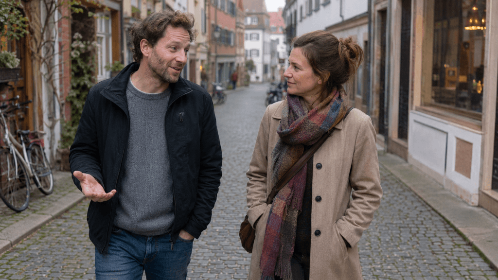Mann und Frau sprechen bei einem Spaziergang durch eine alte Stadtstraße