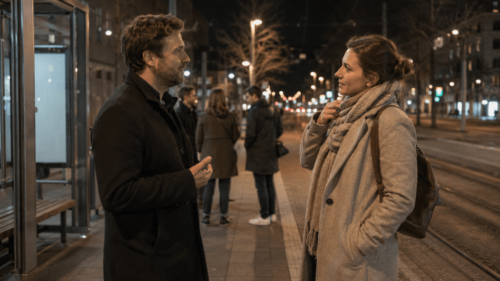 Eine Frau nach einem Date fragen an einer Tramhaltestelle nach einem gemeinsamen Abend