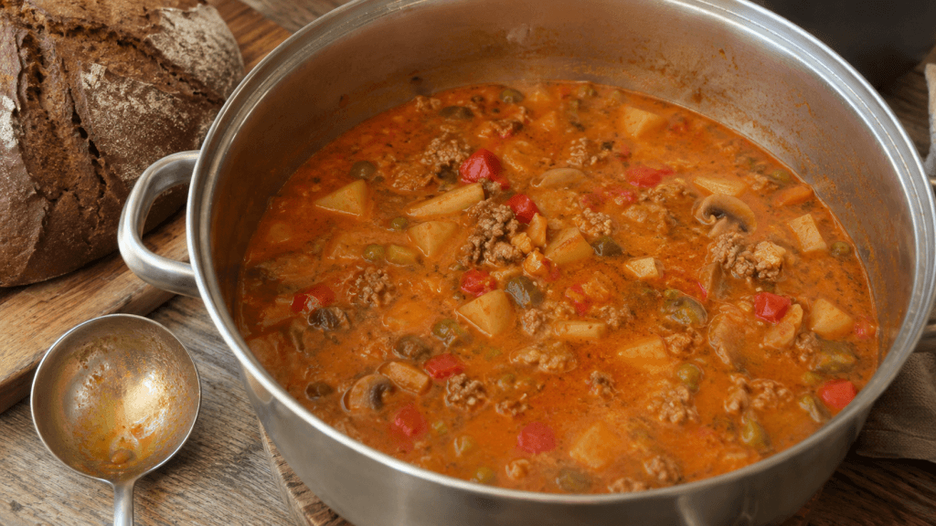 Fertige Borsteler Apfelsuppe Originalrezept im Topf mit Äpfeln, Hackfleisch, Gurken, Erbsen und Bauernbrot