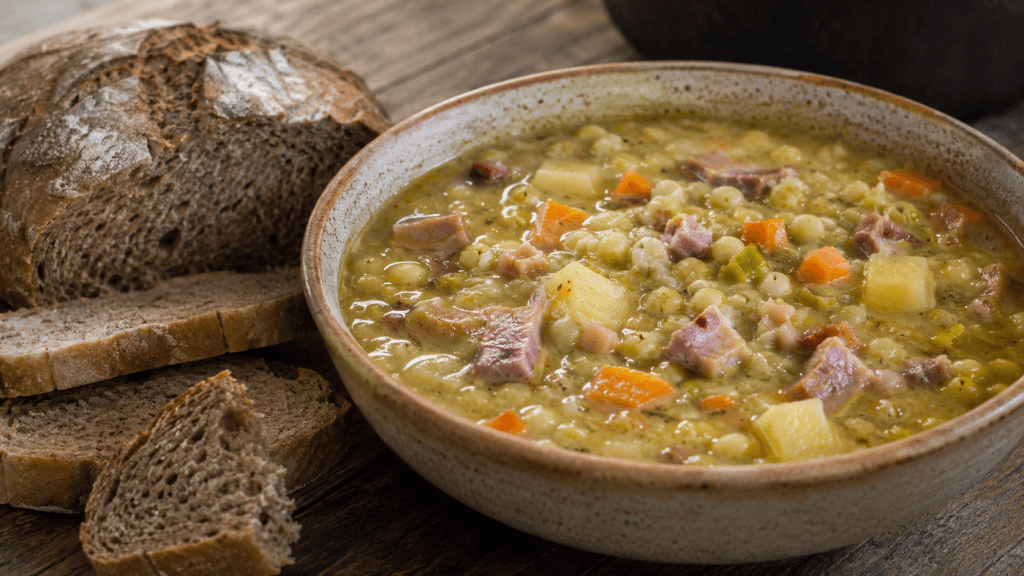 Erbsensuppe wie aus der Gulaschkanone mit Kassler, Kartoffeln und Roggenbrot