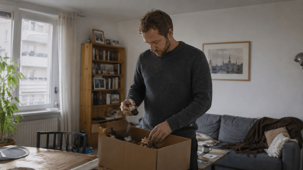 Mann räumt nach Neujahr kleine Feiertagsdeko in eine Kartonschachtel