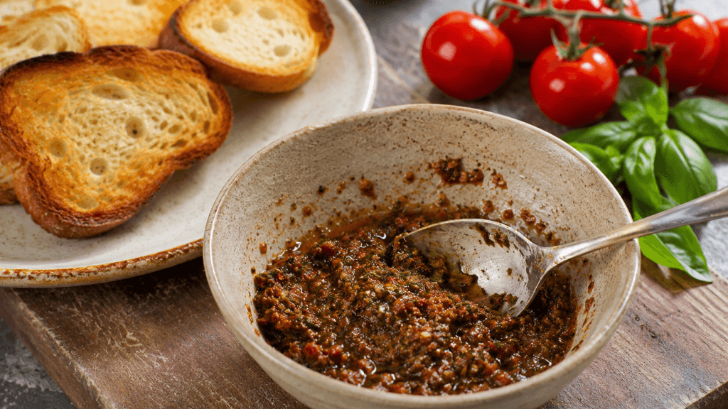 Bruschetta-Mischung mit Olivenöl in einer kleinen Schale