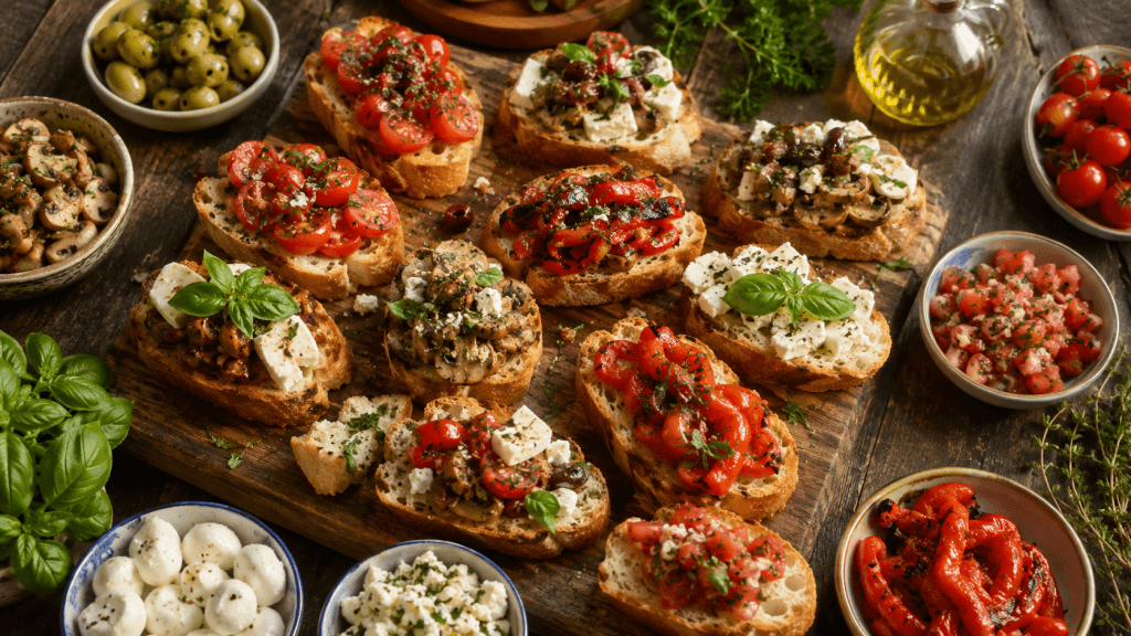 Mediterrane Edelschmaus Bruschetta-Platte mit verschiedenen Toppings und frischen Kräutern