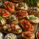 Mediterrane Edelschmaus Bruschetta-Platte mit verschiedenen Toppings und frischen Kräutern