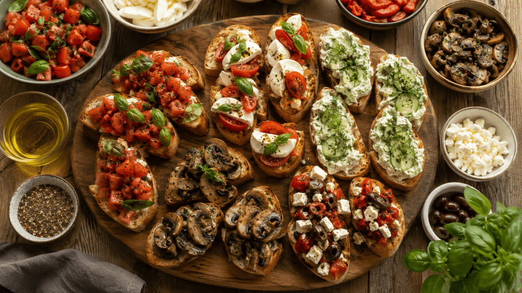Edelschmaus Bruschetta Rezept mit 5 Ideen auf einer Antipasti-Platte mit Tomaten, Frischkaese-Dip, Mozzarella, Feta, Pilzen und mediterranen Gewuerzen