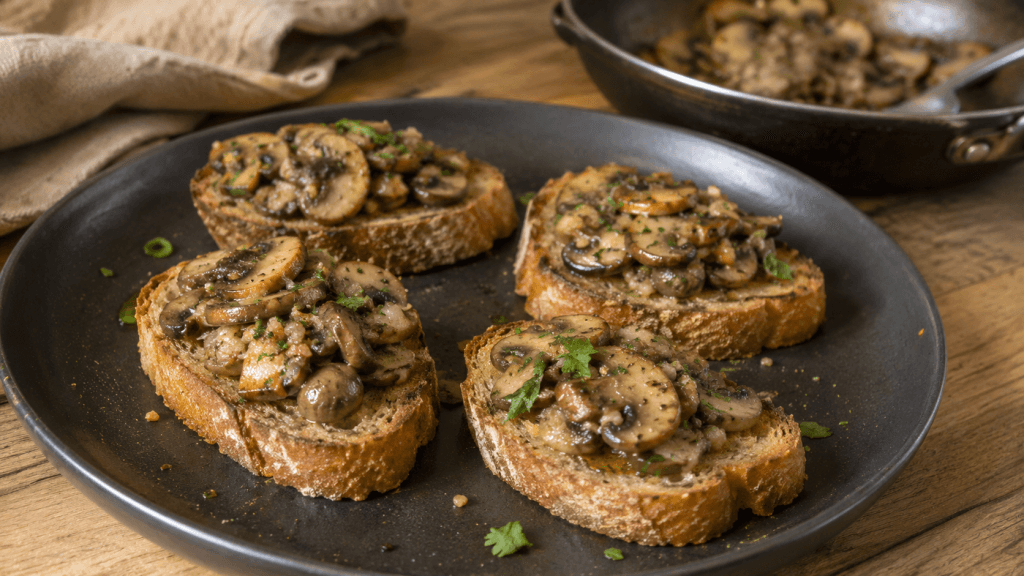 Warme Champignon-Bruschetta mit geröstetem Brot, Kräutern und mediterranen Gewürzen