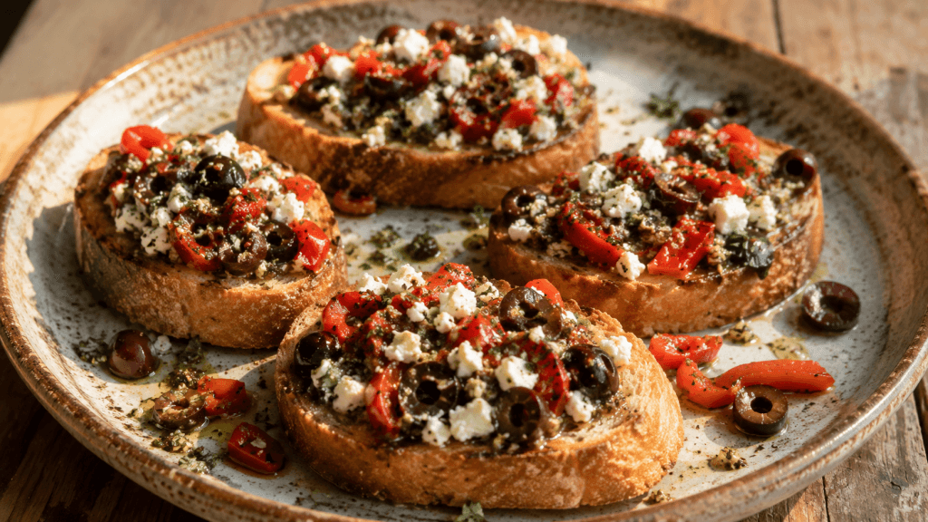 Mediterrane Bruschetta mit Feta, Oliven, Paprika und Edelschmaus Gewürzen
