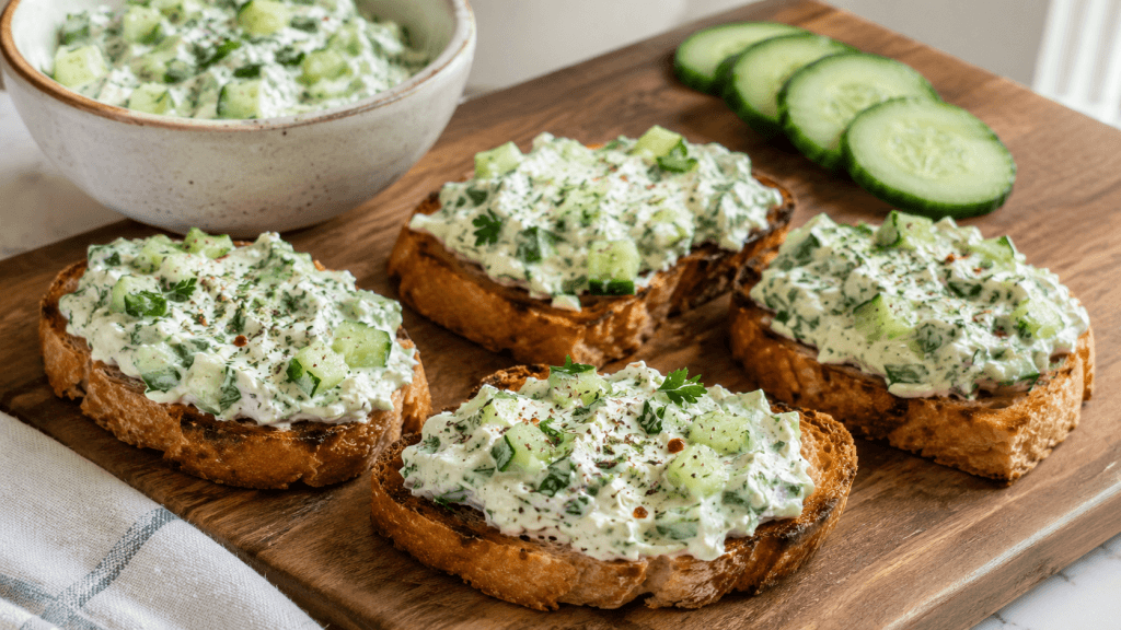 Bruschetta mit Frischkäse-Dip, Gurke, Kräutern und mediterraner Gewürzmischung