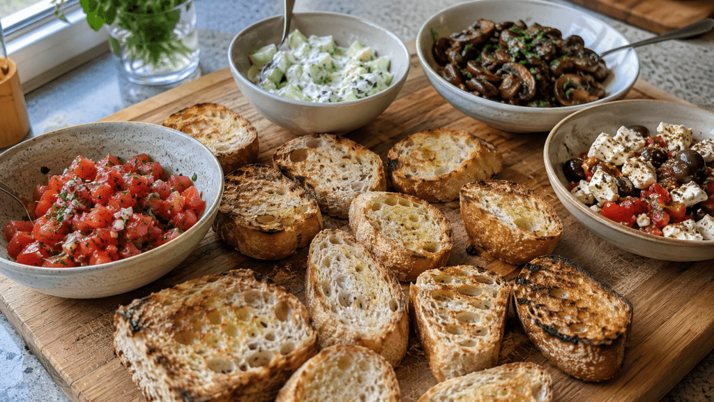Vorbereitete Bruschetta-Toppings und geröstete Brotscheiben auf Holzbrett