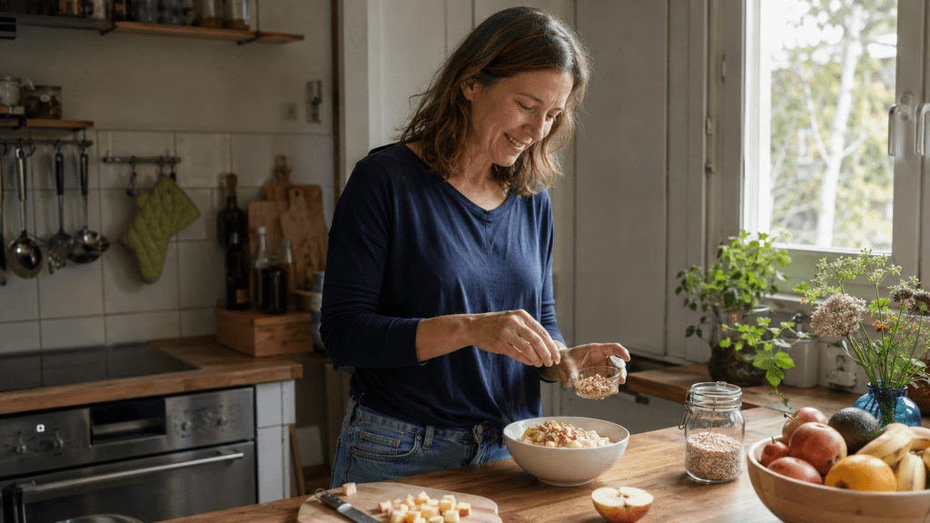 Leichtes Frühstück mit Joghurt, Haferflocken, Apfel und Walnüssen in einer hellen Küche