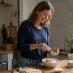 Leichtes Frühstück mit Joghurt, Haferflocken, Apfel und Walnüssen in einer hellen Küche