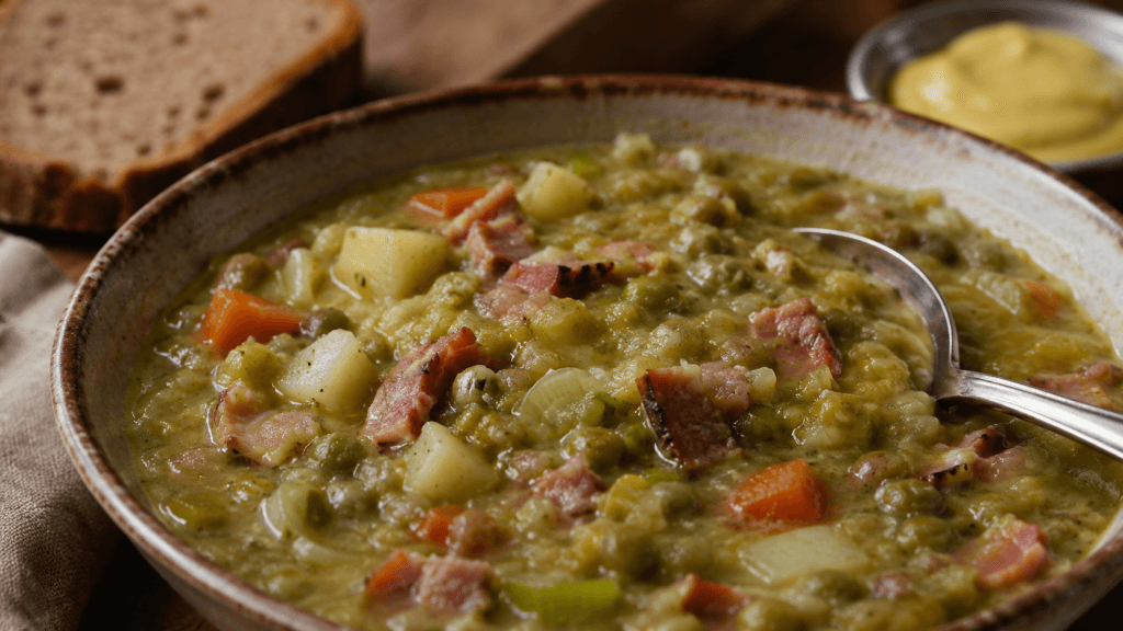 Dicker Erbseneintopf nach DDR-Rezept mit Kassler, Speck, Kartoffeln, Möhren, Lauch und Löffel