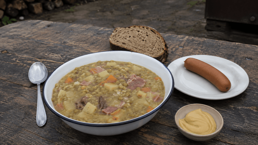 Erbsensuppe wie aus der Gulaschkanone nach NVA-Art in Emaille-Schale mit Bockwurst, Brot und Senf