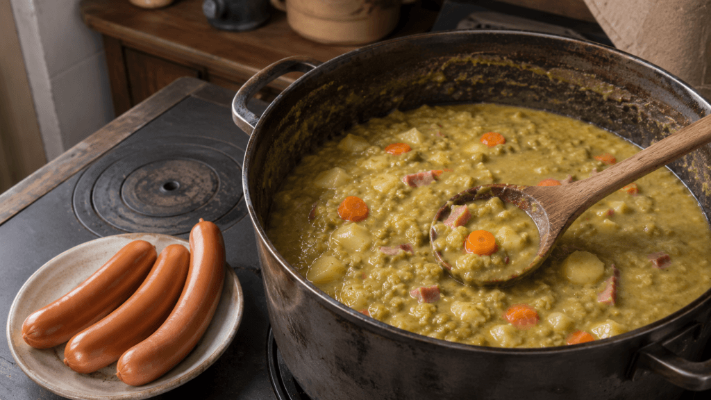 Dicke Erbsensuppe im grossen Topf mit Bockwurst, Kartoffeln, Karotten und Kassler