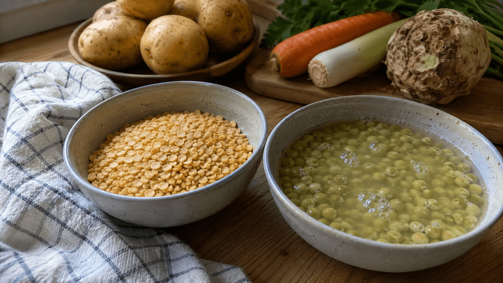 Trockene und eingeweichte Erbsen als Vorbereitung für eine dicke Erbsensuppe nach DDR-Rezept