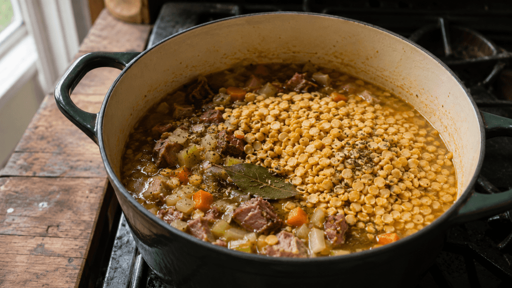 Gelbe Schälerbsen werden mit Brühe, Gemüse, Speck und Kassler im Topf für Erbsensuppe gekocht