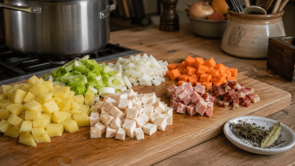 Geschnittene Zutaten für Erbsensuppe nach DDR-Art mit Kartoffeln, Lauch, Speck und Kassler