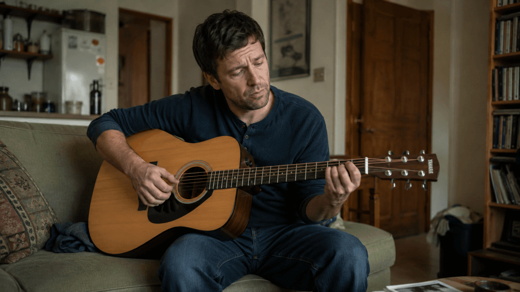Mann probiert zu Hause ein neues Hobby mit einer Gitarre aus