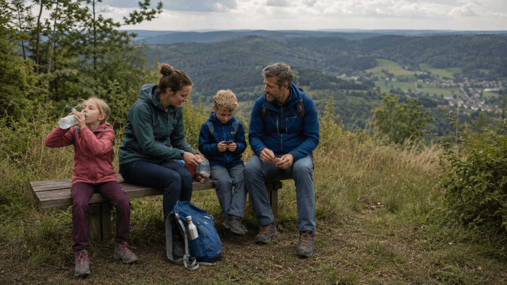 Eltern und Kinder ruhen sich auf einer Bank mit Odenwald-Blick aus