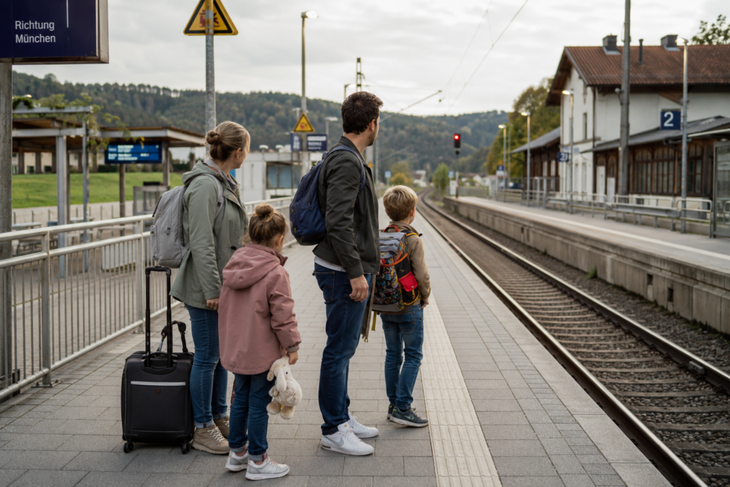 Familie mit Kindern wartet am Bahnhof auf den Zug zur Reise