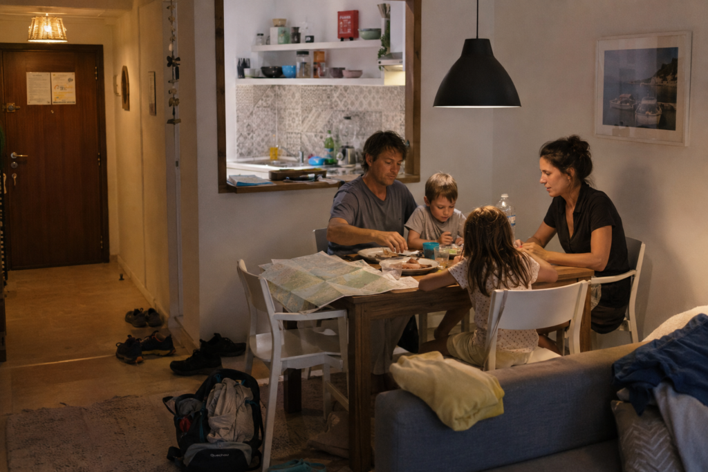amilienurlaub mit Kindern in einer einfachen Ferienwohnung am Abend