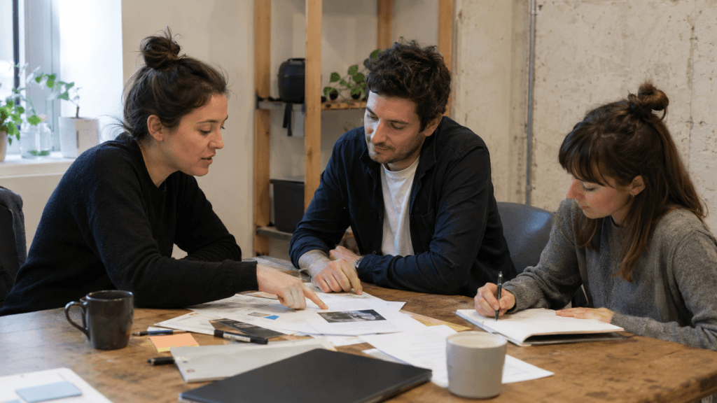 Fehlerkultur im Team: Drei Menschen besprechen eine kleine Projektpanne ohne Schuldzuweisung.