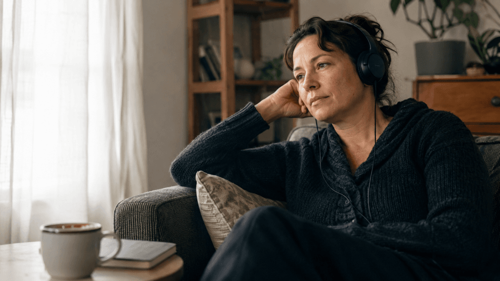 Kreative Auszeit für Frauen: Frau hört zu Hause Musik und kommt zur Ruhe.