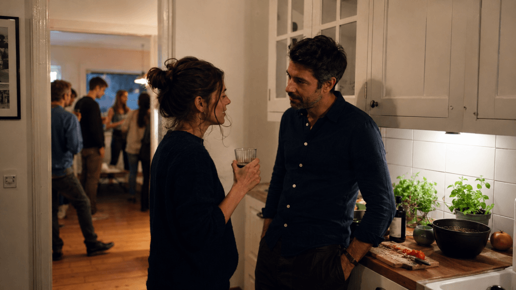 Eine Frau nach einem Date fragen bei einer ruhigen Unterhaltung auf einer Hausparty