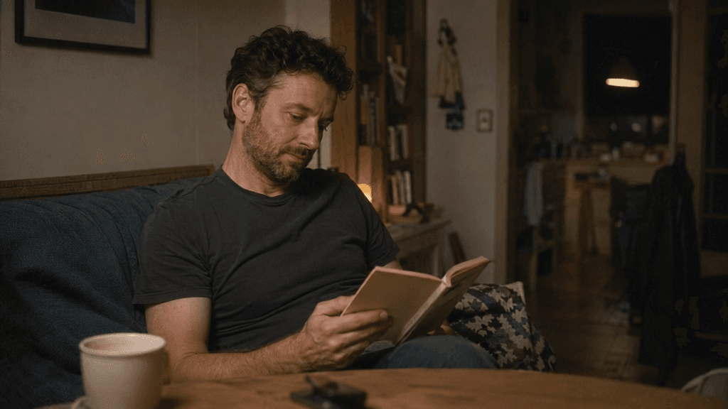 Mann liest entspannt ein Buch auf dem Sofa