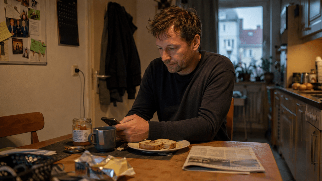 Mann macht am Abend eine ruhige Pause in der Küche