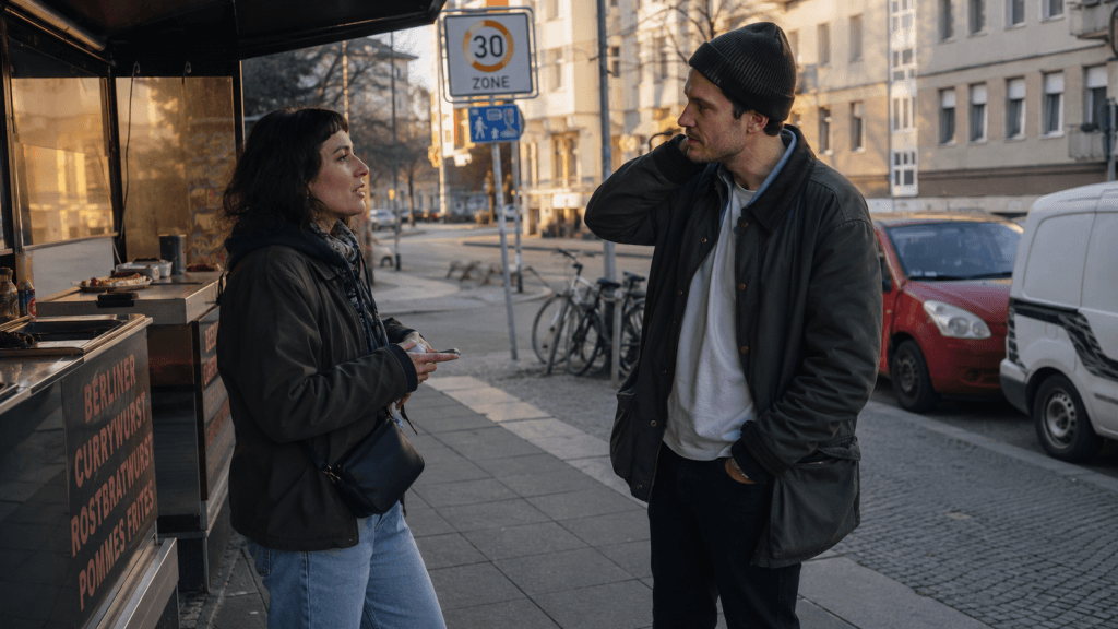 Zwei Erwachsene sprechen in ihrer Freizeit an einem Streetfood-Stand in der Stadt