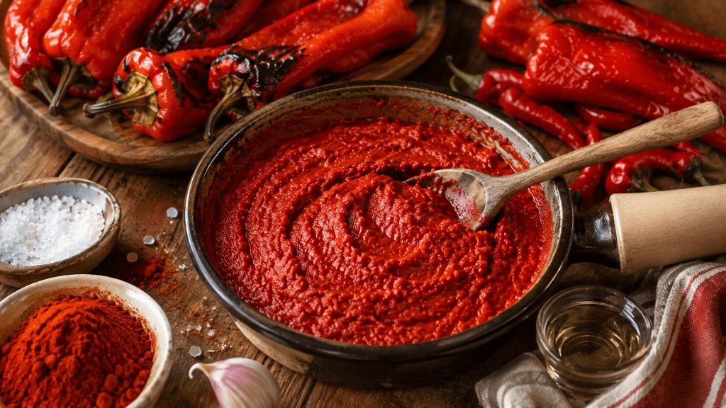 Frisch gemachte ungarische Paprikapaste mit Loeffel, Paprika, Chili, Salz und Paprikapulver