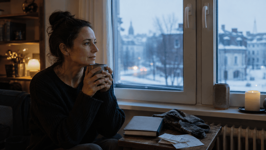 Frau mit Tasse am Fenster während ruhiger Gedanken zum Jahreswechsel