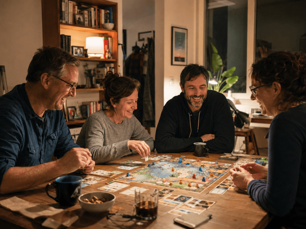 Freunde sitzen am Tisch und spielen gemeinsam ein Brettspiel in gemütlicher Wohnung